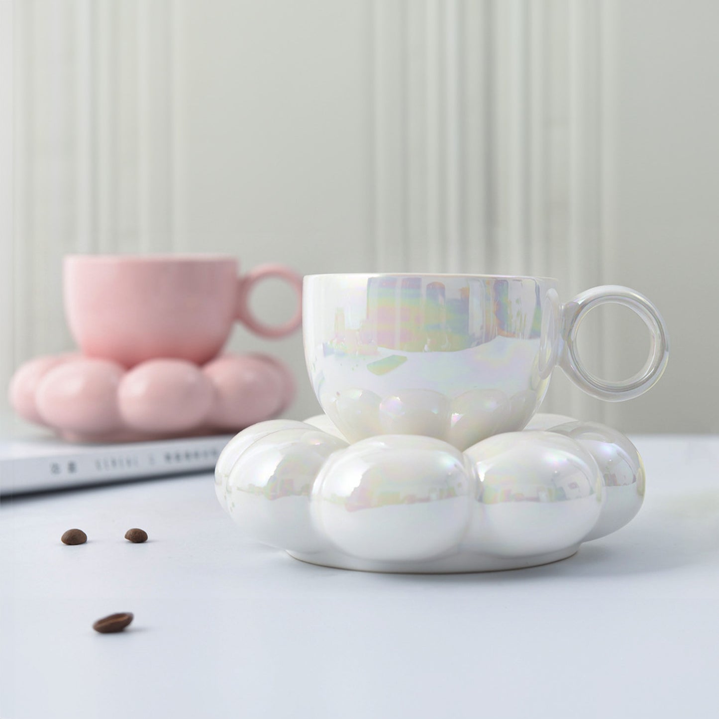 Ceramic Coffee Mug with Saucer, Creative Cute Mug with Sunflower Coaster for Office and Home, Dishwasher and Microwave Safe, 7 oz/200 ml for Tea Latte Milk (Peach Pink)