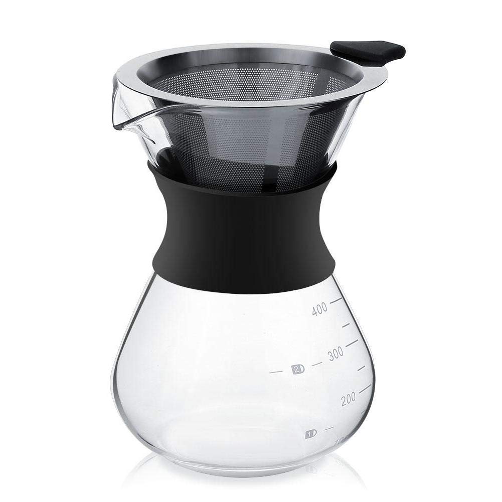 Pour Over Coffee Maker Set with Reusable Stainless Steel Drip Filter Elegant Coffee Dripper Pot Glass Carafe & Permanent Stainless Steel Filter