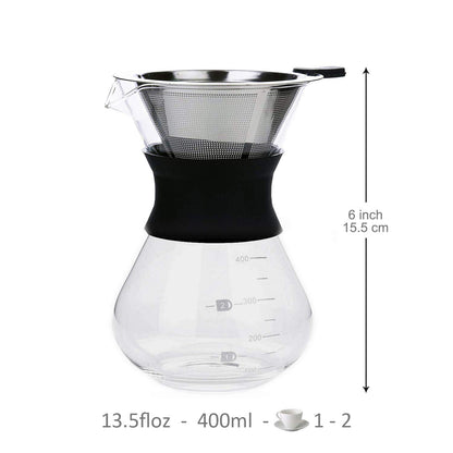 Pour Over Coffee Maker Set with Reusable Stainless Steel Drip Filter Elegant Coffee Dripper Pot Glass Carafe & Permanent Stainless Steel Filter