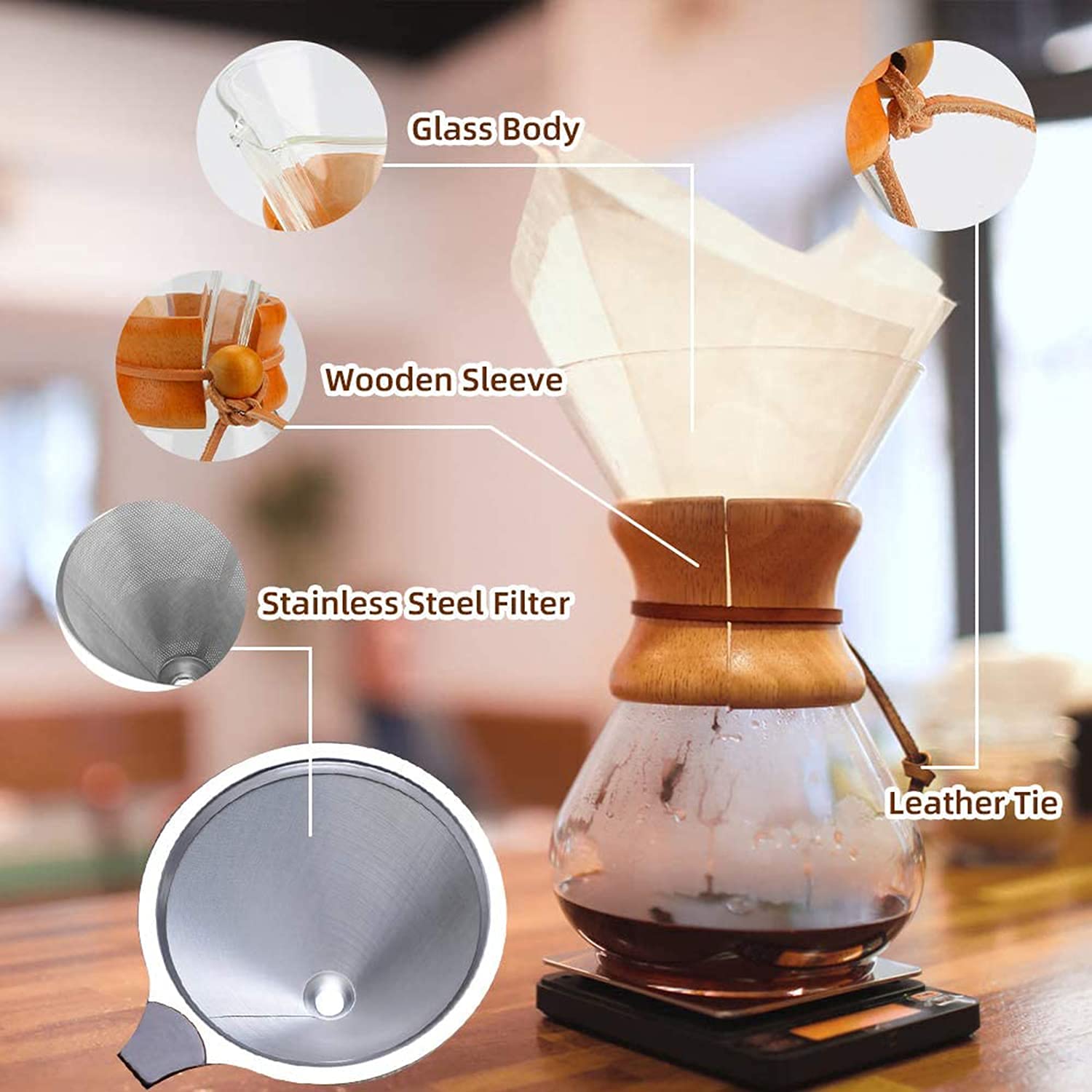 Pour Over Coffee Maker with Stainless Steel Filter, Borosilicate Glass Carafe Manual Coffee Dripper Brewer with Handle, No Paper Filters Needed Hand